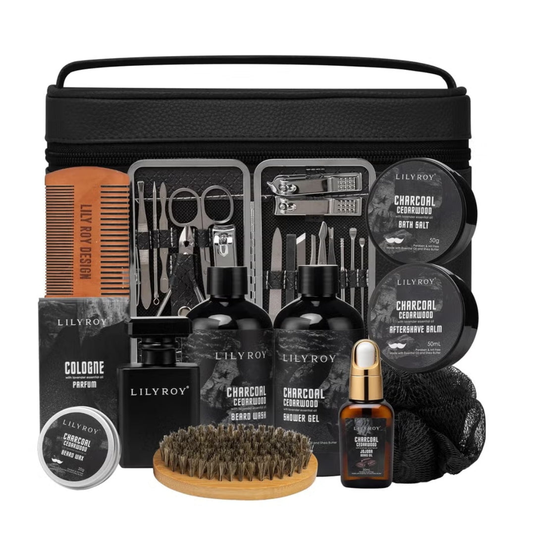 Lily Roy 12-Piece Men's Bath & Beard Spa Gift Set – Charcoal Cedarwood Scent | Grooming Kit with Shower Gel, Beard Care & Travel Bag
