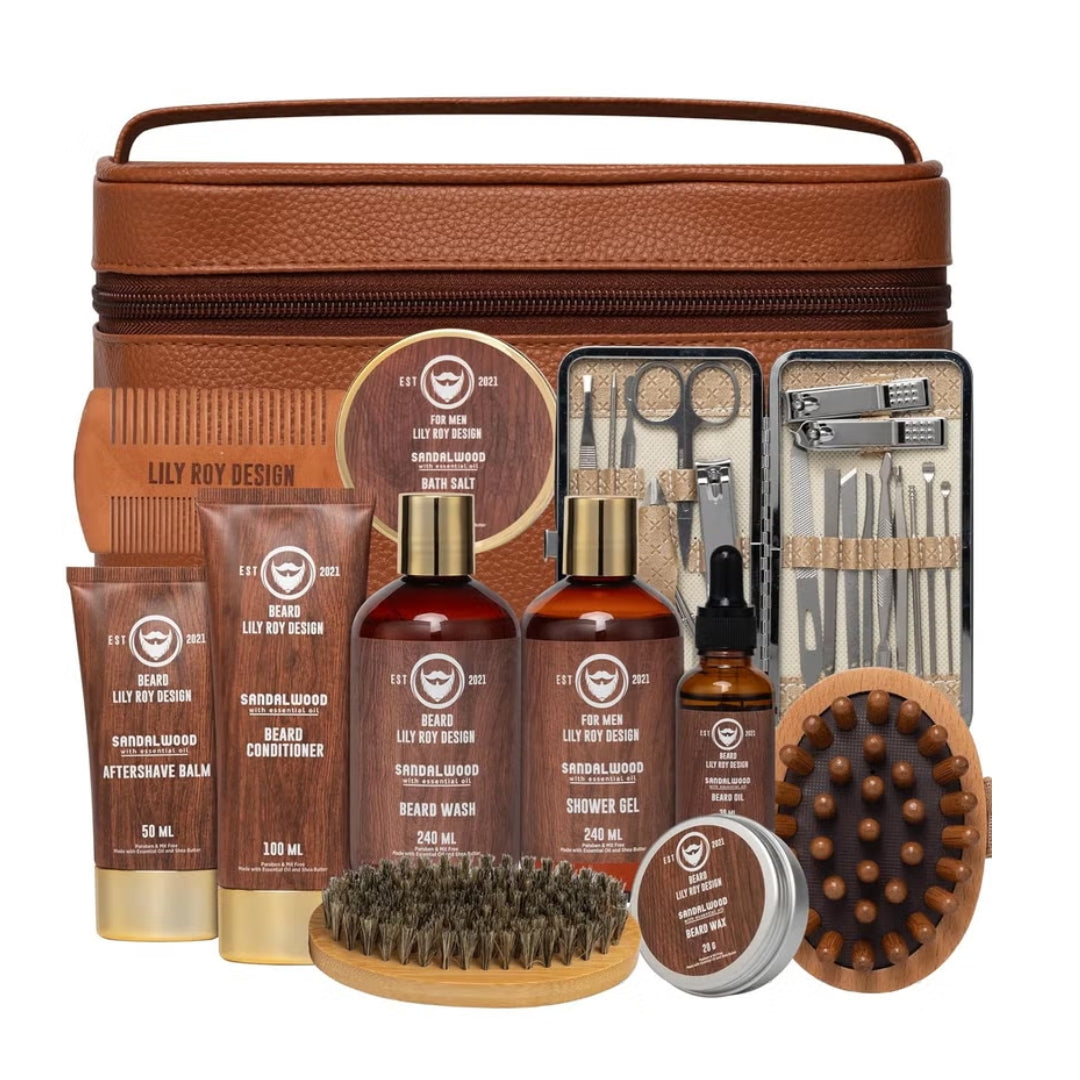 Lily Roy 12-Piece Men’s Spa & Beard Grooming Gift Set – Charcoal Cedarwood | Luxury Bath & Body Kit with Travel Bag