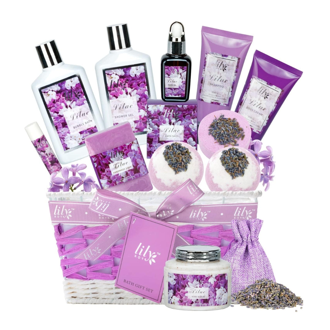 Lily Roy Lilac Spa Gift Basket – 16 PCS Bath Gift Set for Women