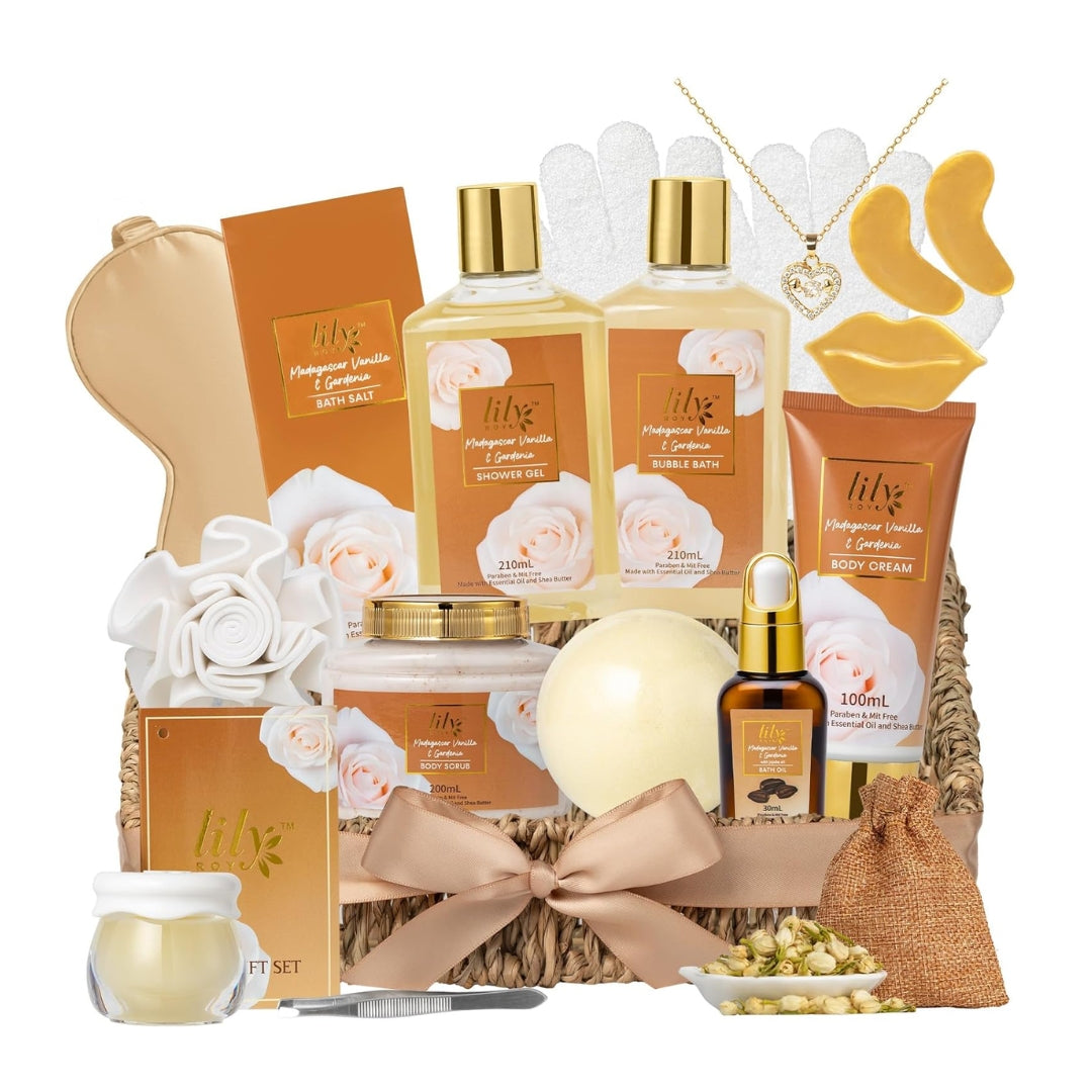 LILY ROY 18Pcs Bath and Body Gift Basket Set for Women – Vanilla Spa Kit with Necklace