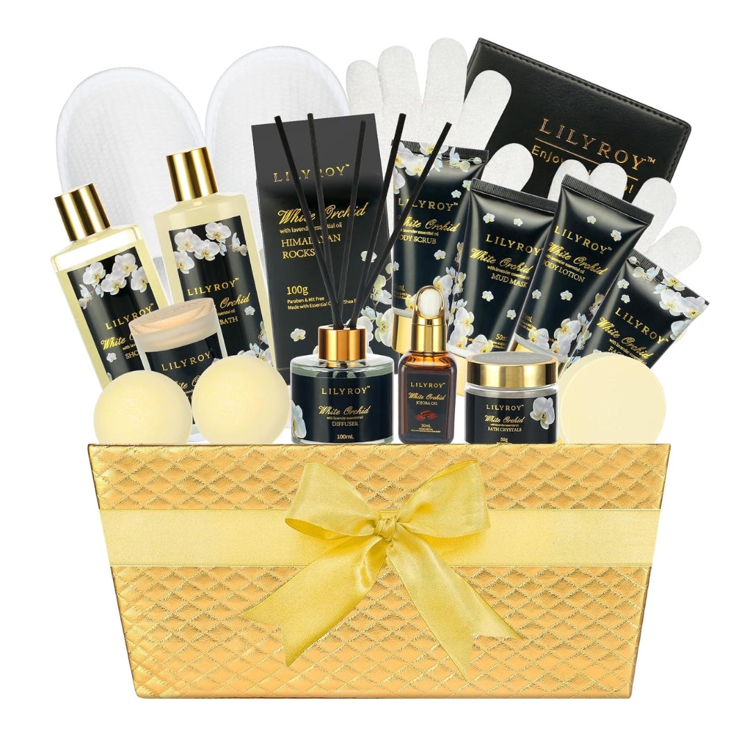 LILY ROY - Luxury 18-Piece Gold Leather Spa Gift Set (White Orchid Scent)