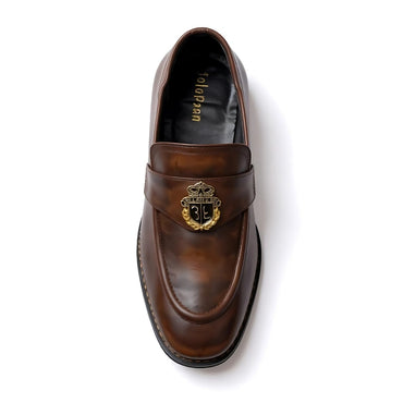 Nalain Trading Men’s Brown Luxury Leather Loafers – Elegant Slip-On Dress Shoes with Gold Crest Emblem for Formal & Casual Wear