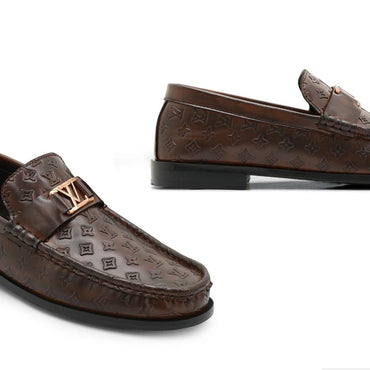 Nalain Trading Men’s Brown Embossed Leather Loafers – Premium Slip-On Dress Shoes for Formal & Casual Wear with Gold Monogram Accent