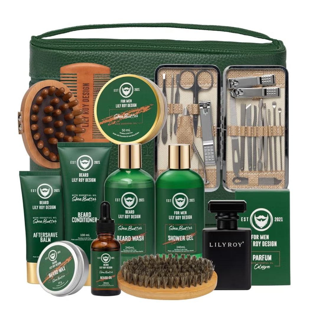 Lily Roy 13-Piece Men's Spa & Beard Care Gift Set – Charcoal Cedarwood Scent | Luxury Bath, Body & Grooming Kit with Travel Bag