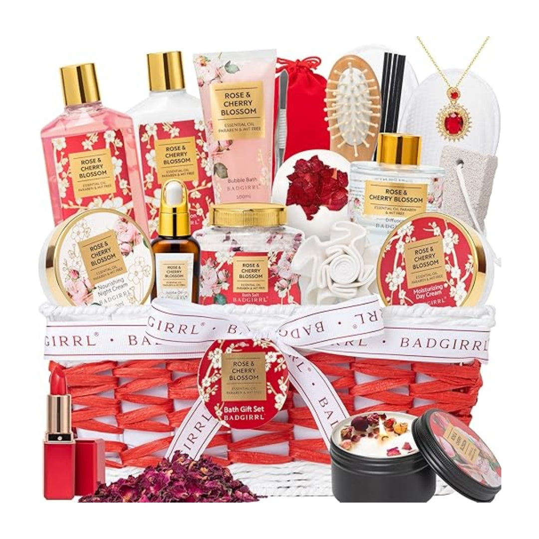 20Pcs Rose Cherry Blossom Spa Gift Set for Women – Luxurious Bath & Body Basket by Lily Roy