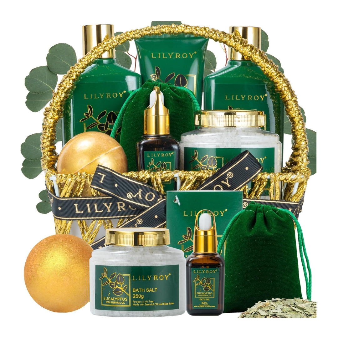 LILY ROY Mothers Day Spa Gift Basket – 9-Piece Premium Eucalyptus Bath & Body Care Kit for Women & Men
