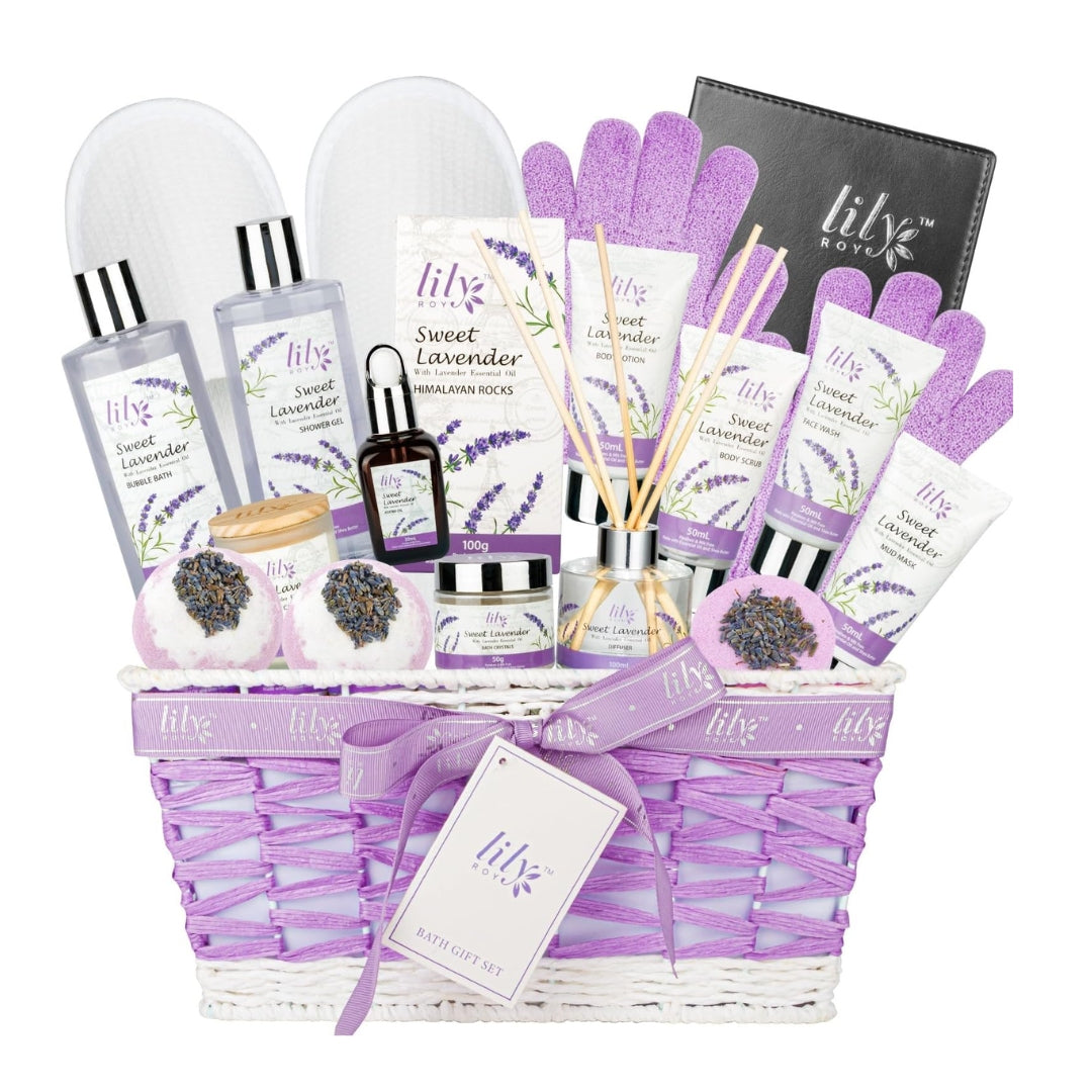 LILY ROY – Sweet Lavender Spa Gift Basket (18-Piece Set) Luxury Bath & Body Gift Set | Paraben & Sulfate Free | Ideal for Women Self-Care & Relaxation