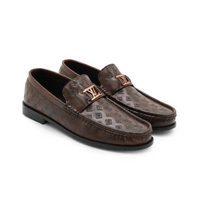 Nalain Trading Men’s Brown Embossed Leather Loafers – Premium Slip-On Dress Shoes for Formal & Casual Wear with Gold Monogram Accent