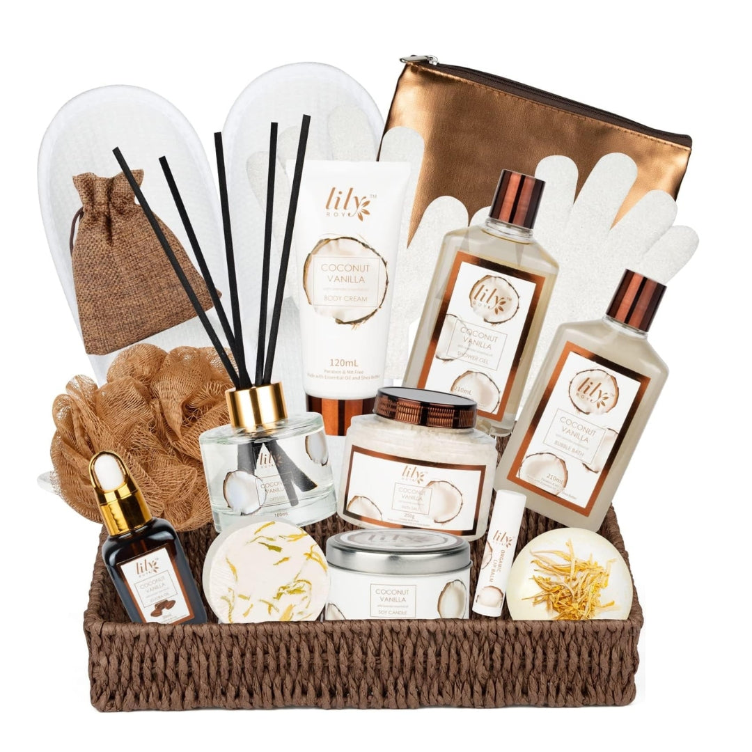 LILY ROY Coconut Vanilla Bath Gift Set – 17 PCS Spa Basket for Women