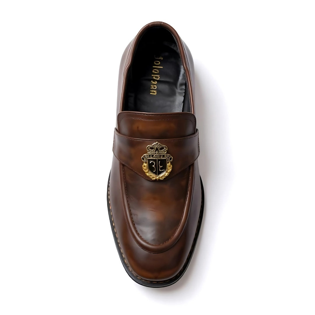 Nalain Trading Men’s Brown Luxury Leather Loafers – Elegant Slip-On Dress Shoes with Gold Crest Emblem for Formal & Casual Wear