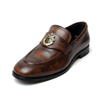 Nalain Trading Men’s Brown Luxury Leather Loafers – Elegant Slip-On Dress Shoes with Gold Crest Emblem for Formal & Casual Wear