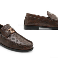 Nalain Trading Men’s Brown Embossed Leather Loafers – Premium Slip-On Dress Shoes for Formal & Casual Wear with Gold Monogram Accent