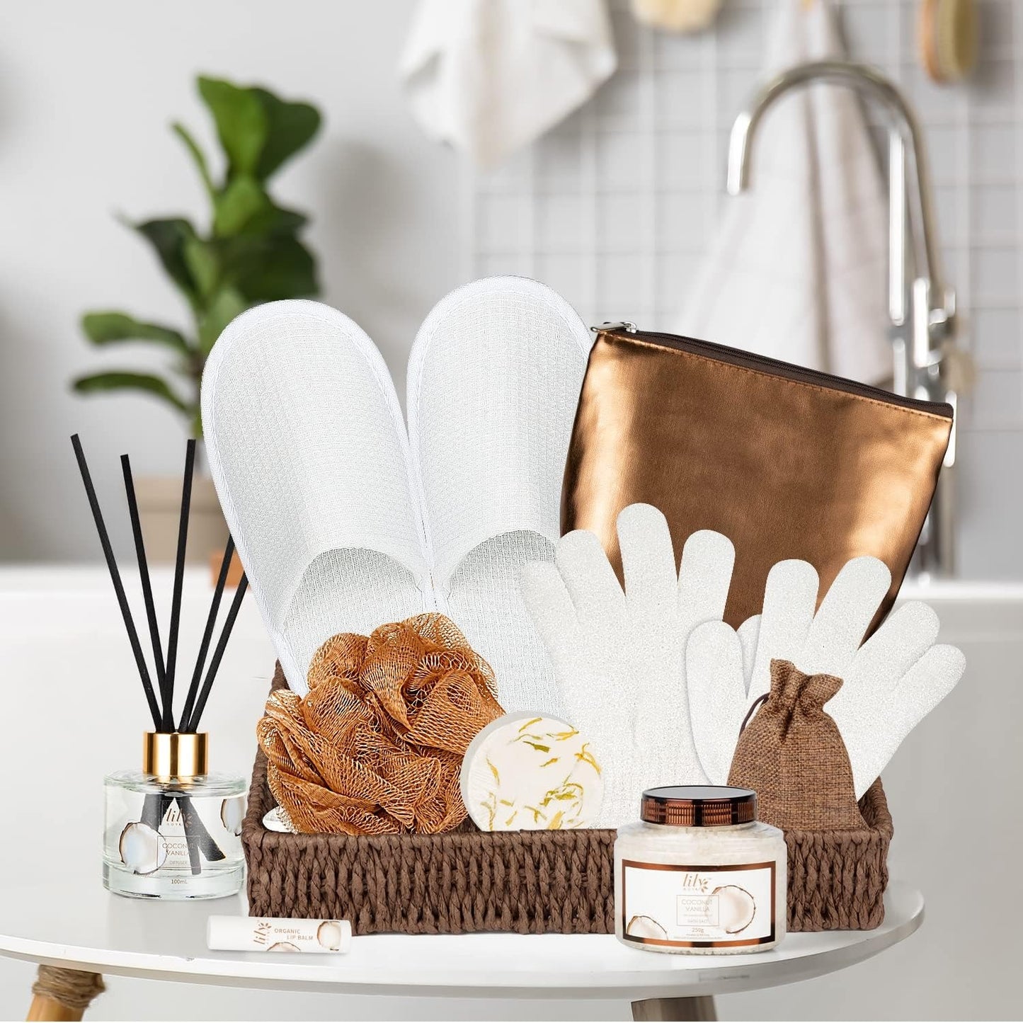 LILY ROY Coconut Vanilla Bath Gift Set – 17 PCS Spa Basket for Women