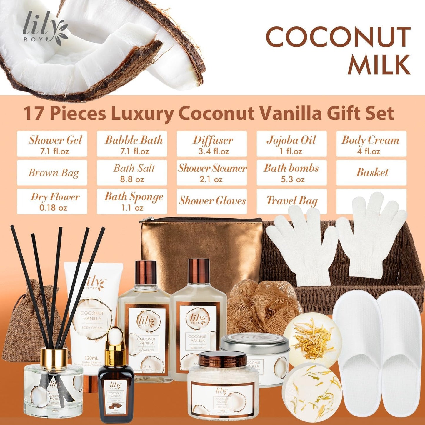 LILY ROY Coconut Vanilla Bath Gift Set – 17 PCS Spa Basket for Women