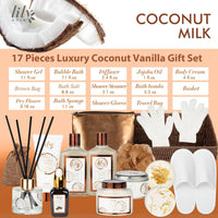 LILY ROY Coconut Vanilla Bath Gift Set – 17 PCS Spa Basket for Women